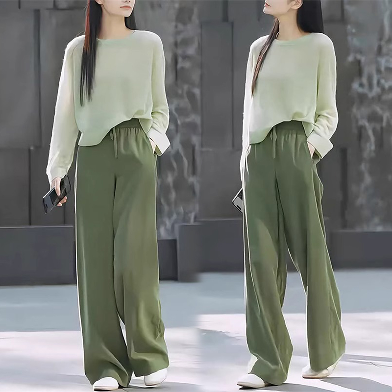 慵懒风时尚套装女春季2025新款宽松显瘦套头针织上衣直筒阔腿长裤