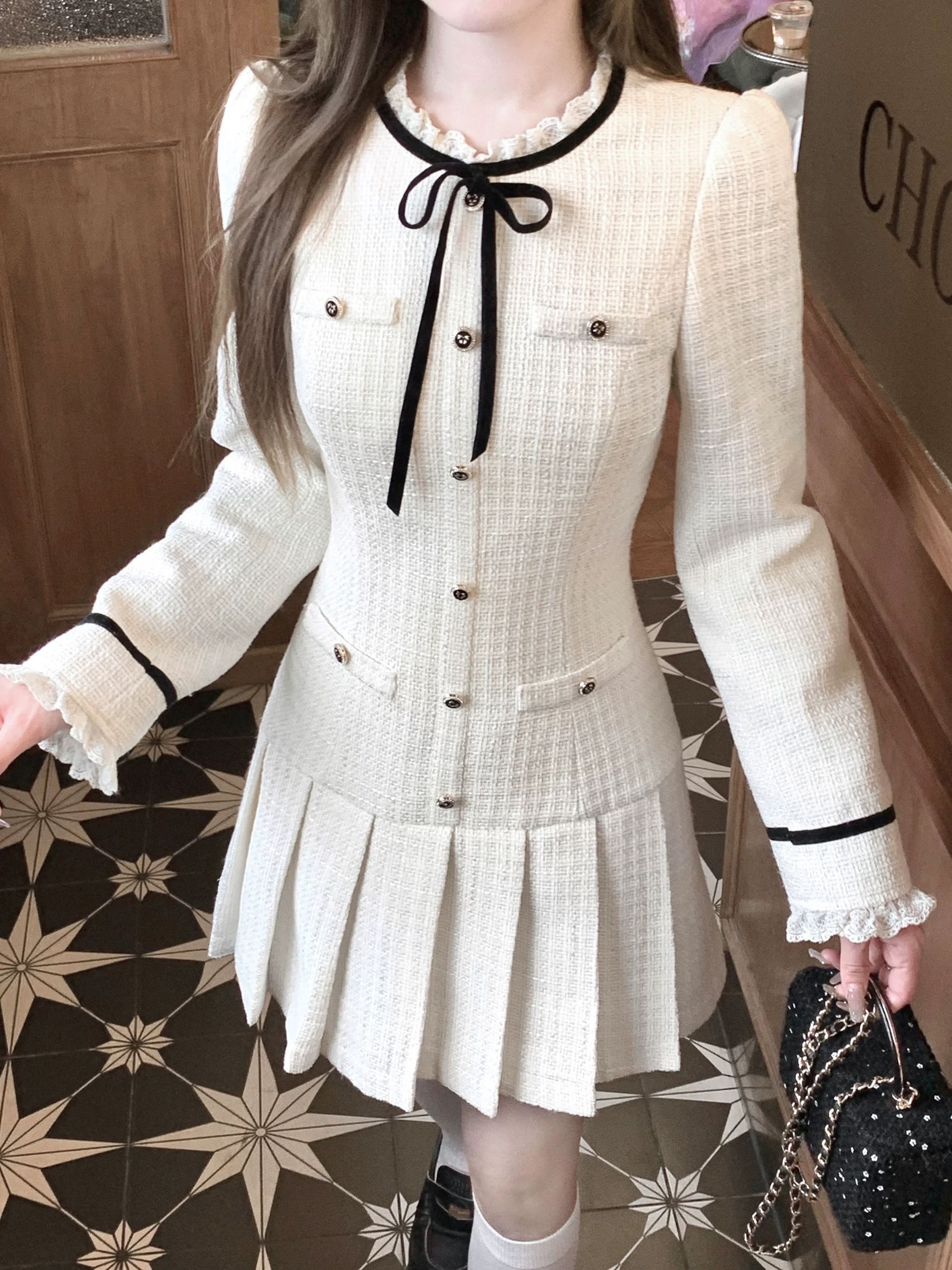 【中古少女】早秋千金小香风连衣裙蕾丝花边拼接收腰长袖长/短裙