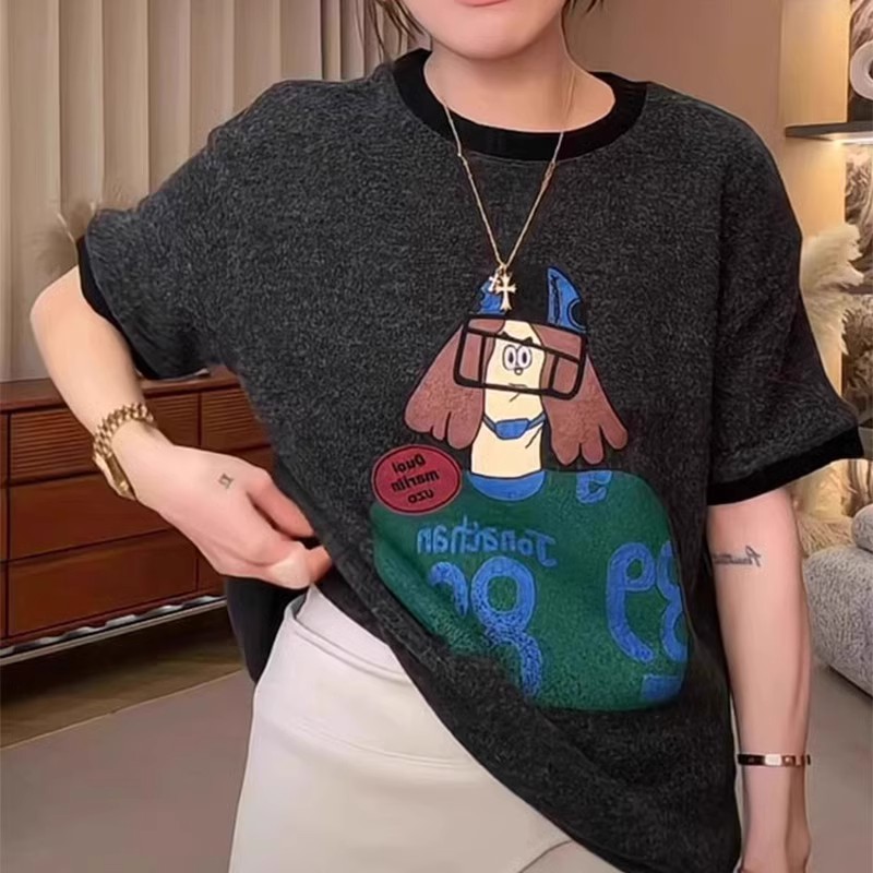 韩国东大门2025春季新款韩系休闲搞怪图案磨毛短袖t恤女宽松上衣