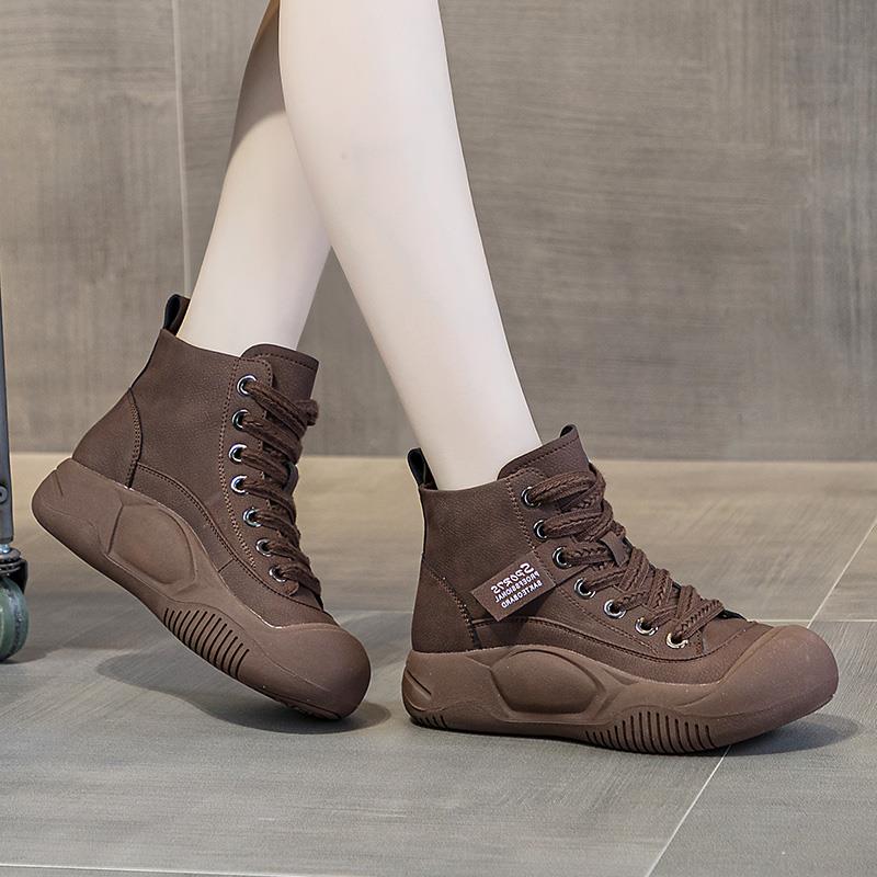 【澳门专柜正品】牛皮高帮鞋女款厚底软底2025新款秋冬真皮加绒休闲