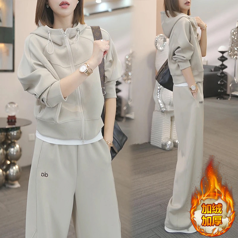 2025秋冬新款时尚加绒连帽外套松紧裤休闲裤宽松显瘦超好看套装女