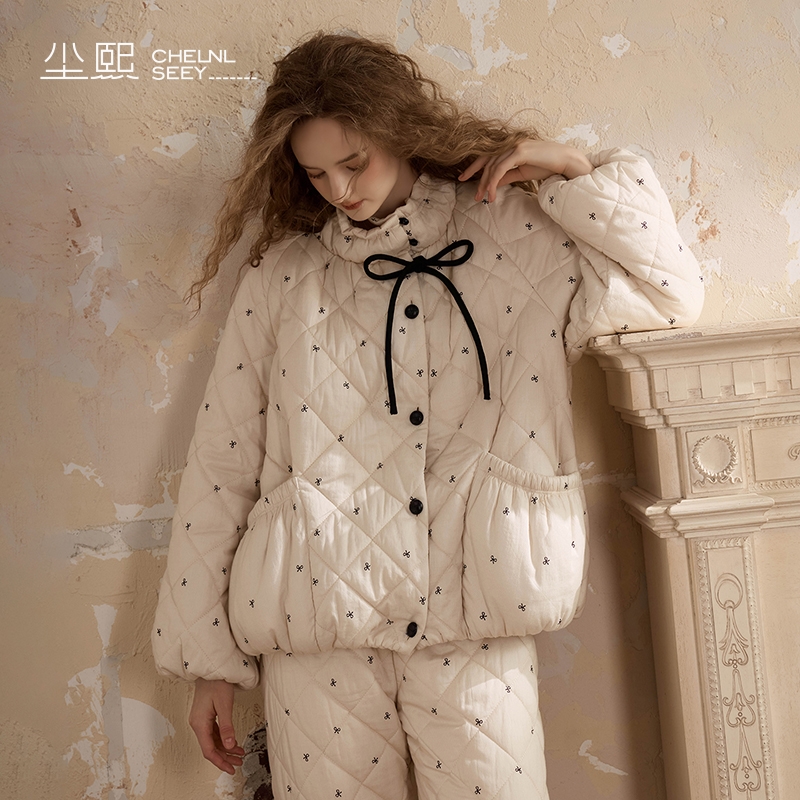 尘熙睡衣女士冬季全棉加厚保暖甜美三层夹棉家居服可外穿2025新款