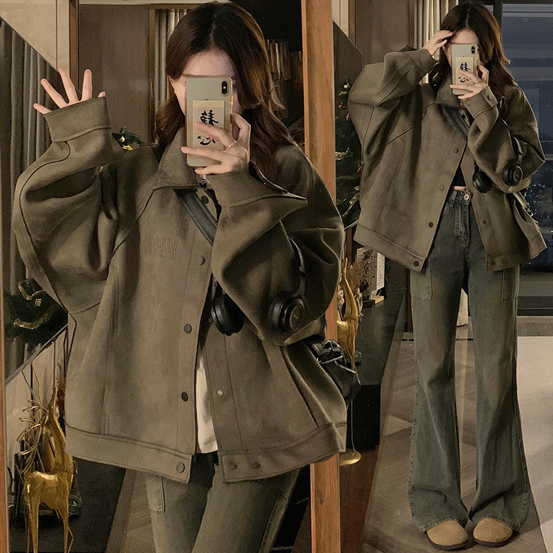 实拍美拉蓝穿搭短款麂皮夹克美式复古机车外套hiphop男女情侣外套