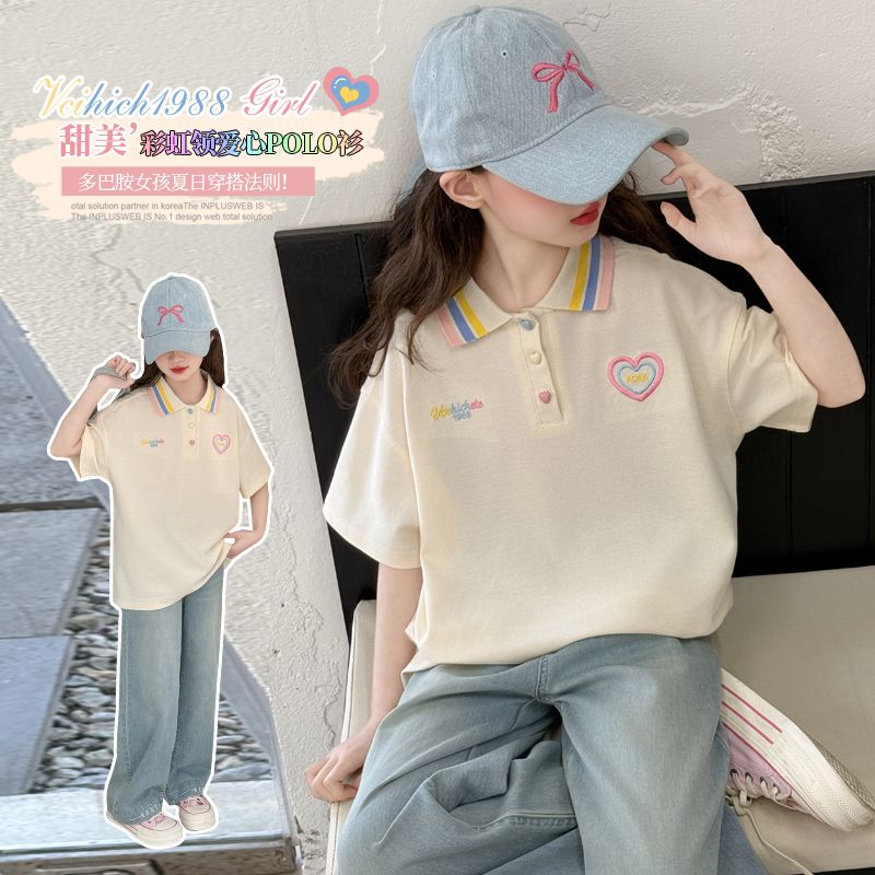 女童夏季POLO领短袖2025新款洋气时尚韩版中大童百搭花边领上衣潮