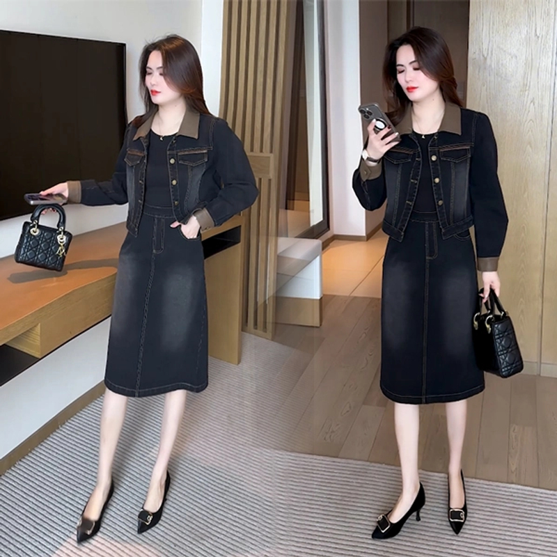 春秋新款时尚洋气气质休闲显瘦洋气减龄马甲牛仔套装大码小个子