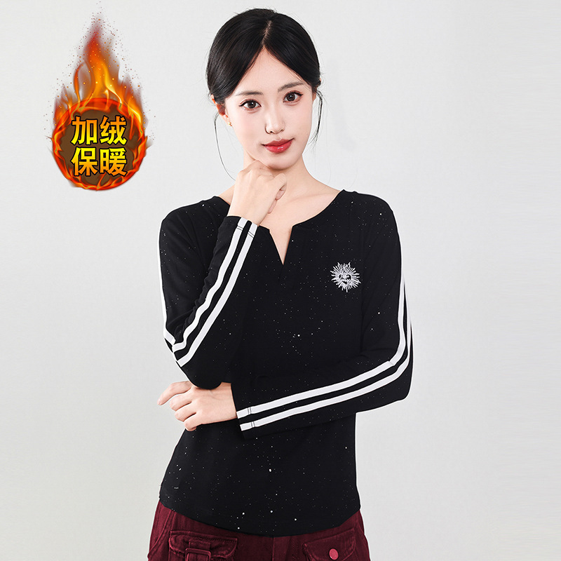 2025秋冬广场舞女士V领长袖太阳花亮片双杠简约百搭运动休闲T恤