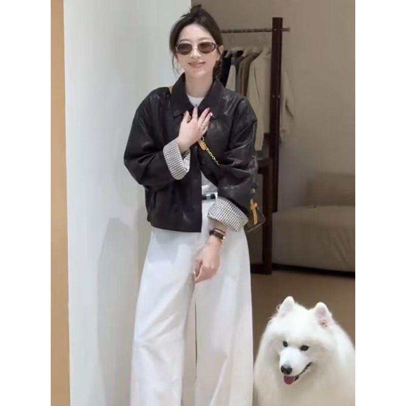 欧货设计感POLO领短款皮衣外套女2025秋季新款小个子格纹袖口夹克