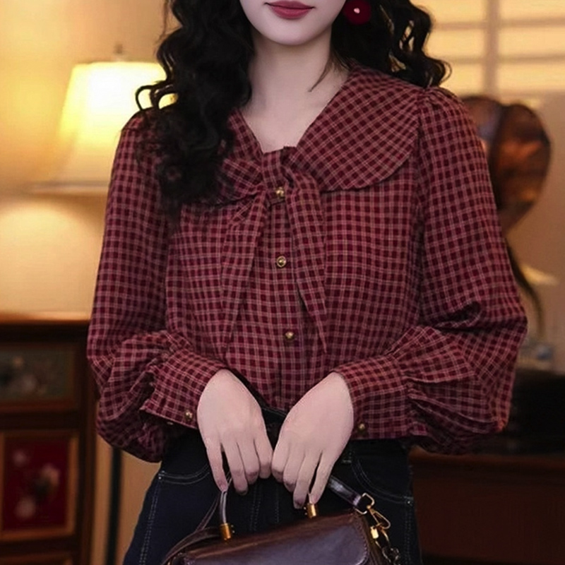 复古红色格子蝴蝶结衬衫女2025秋季新款时尚减龄洋气宽松显瘦上衣