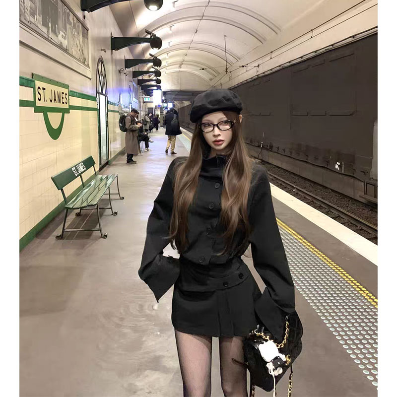 【贝克街魔女】复古格纹立领设计长袖连衣裙单排扣辣妹短裙