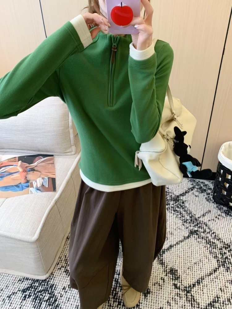 新款半拉链立领双面德绒长袖女加厚打底衫保暖内搭T恤秋冬款