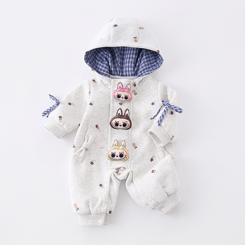 新款婴幼儿衣服春秋季外出服连帽卡通连体衣双层宝宝秋装爬服外套