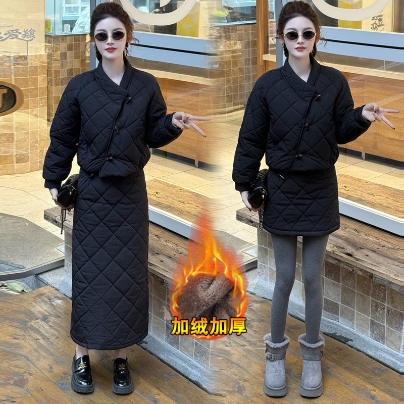 加绒加厚时尚套装女2025冬季新款洋气时髦棉衣外套半身裙两件套潮