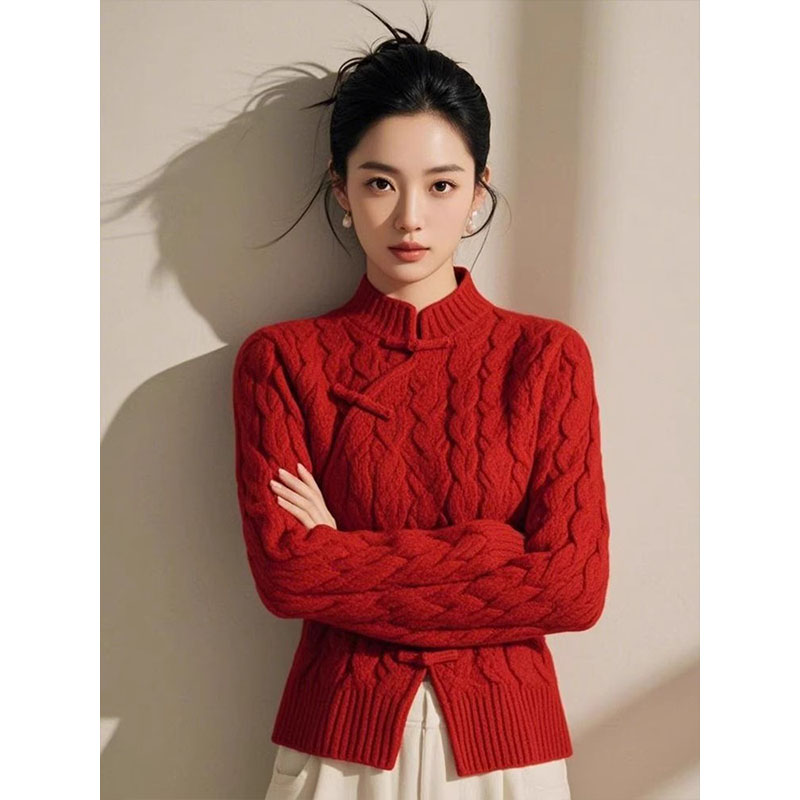 新中式国风针织衫上衣高级感超好看独特漂亮圣诞新年红色毛衣秋冬
