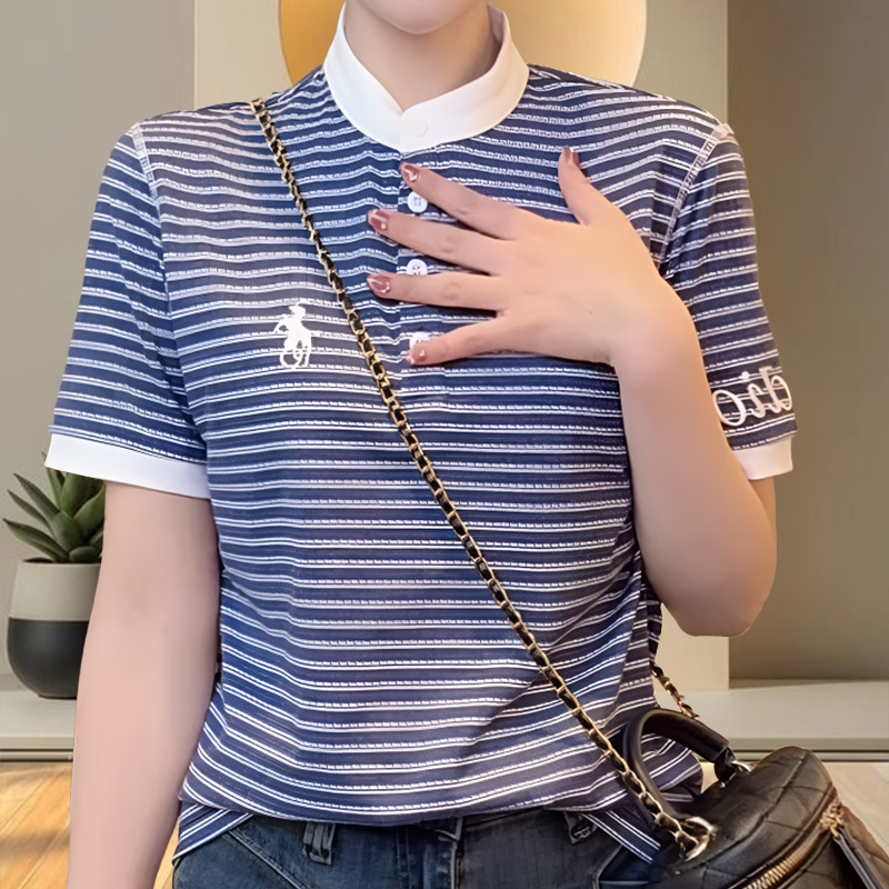 欧货条纹撞色短袖T恤女款2025夏季新款小个子百搭正肩休闲上衣ins