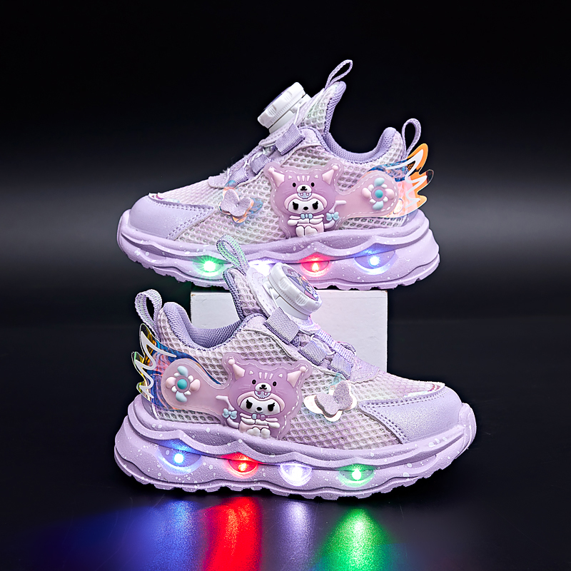 库洛米女童亮灯运动鞋春季新款透气网面跑步鞋中小童轻便公主鞋
