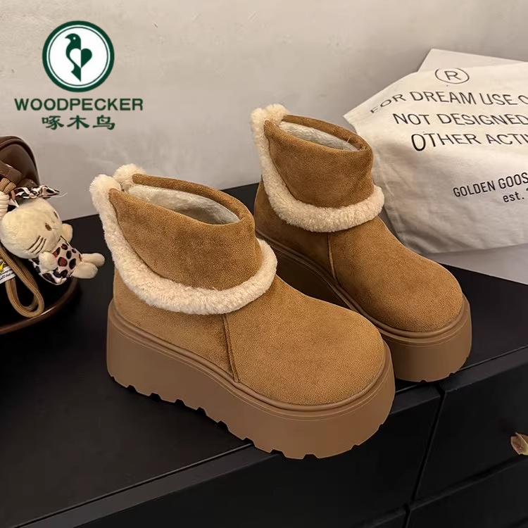 啄木鸟厚底增高雪地靴女2025冬新款加绒保暖勃肯棉靴时尚大头棉鞋