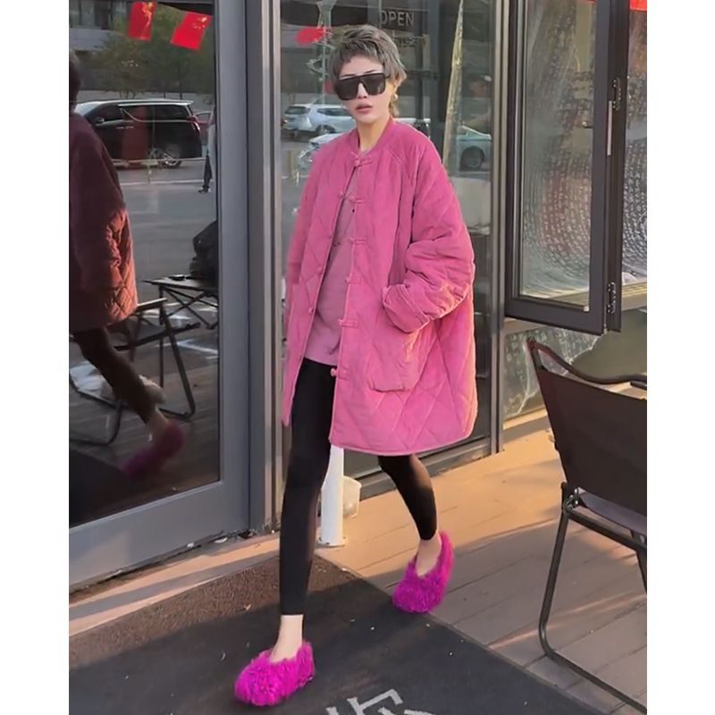 时尚休闲纯色上衣欧洲站2025冬季新款国风百搭宽松中长款盘扣外套