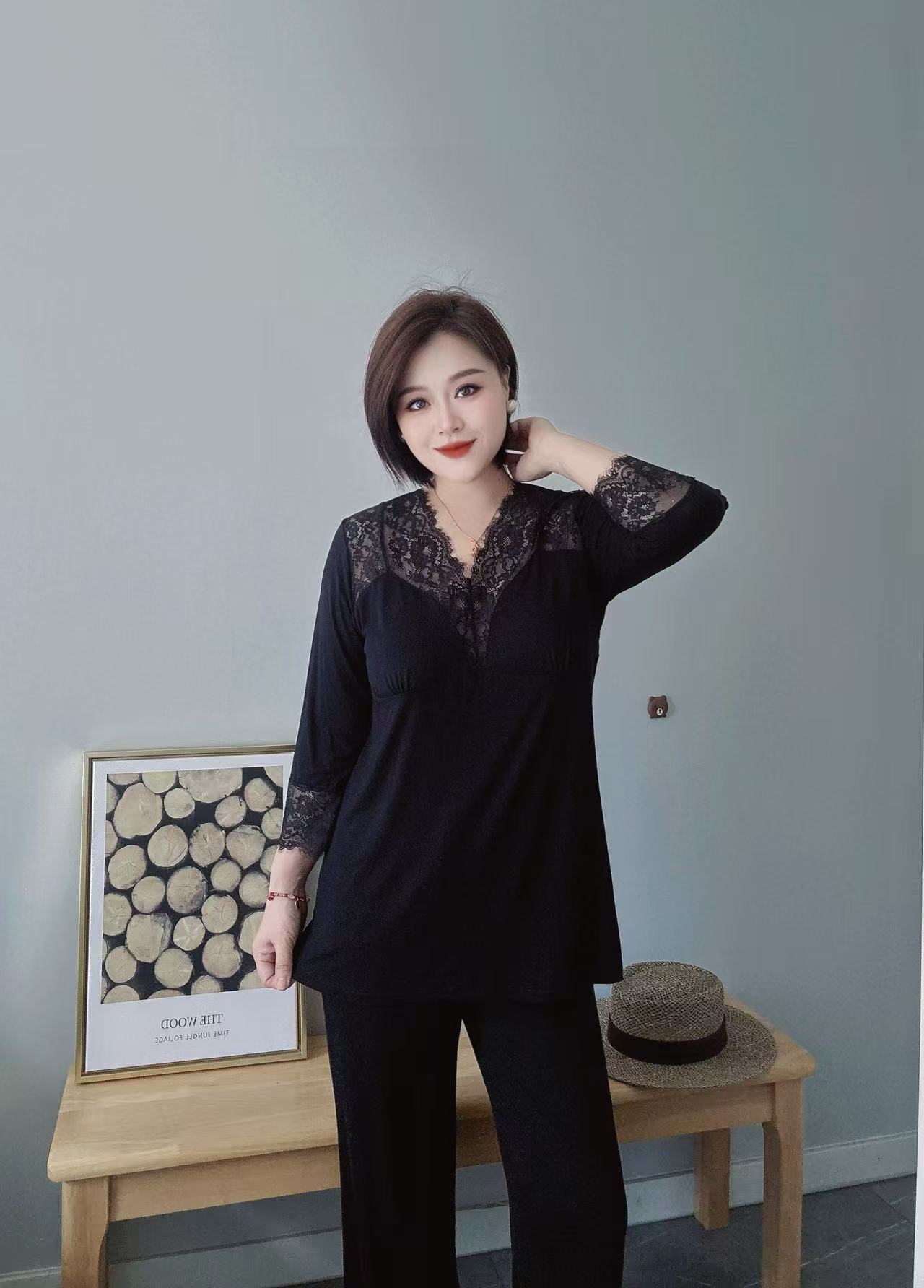 初初家大码秋款带胸垫睡衣纯欲可外穿蕾丝花边家居服套装女显瘦