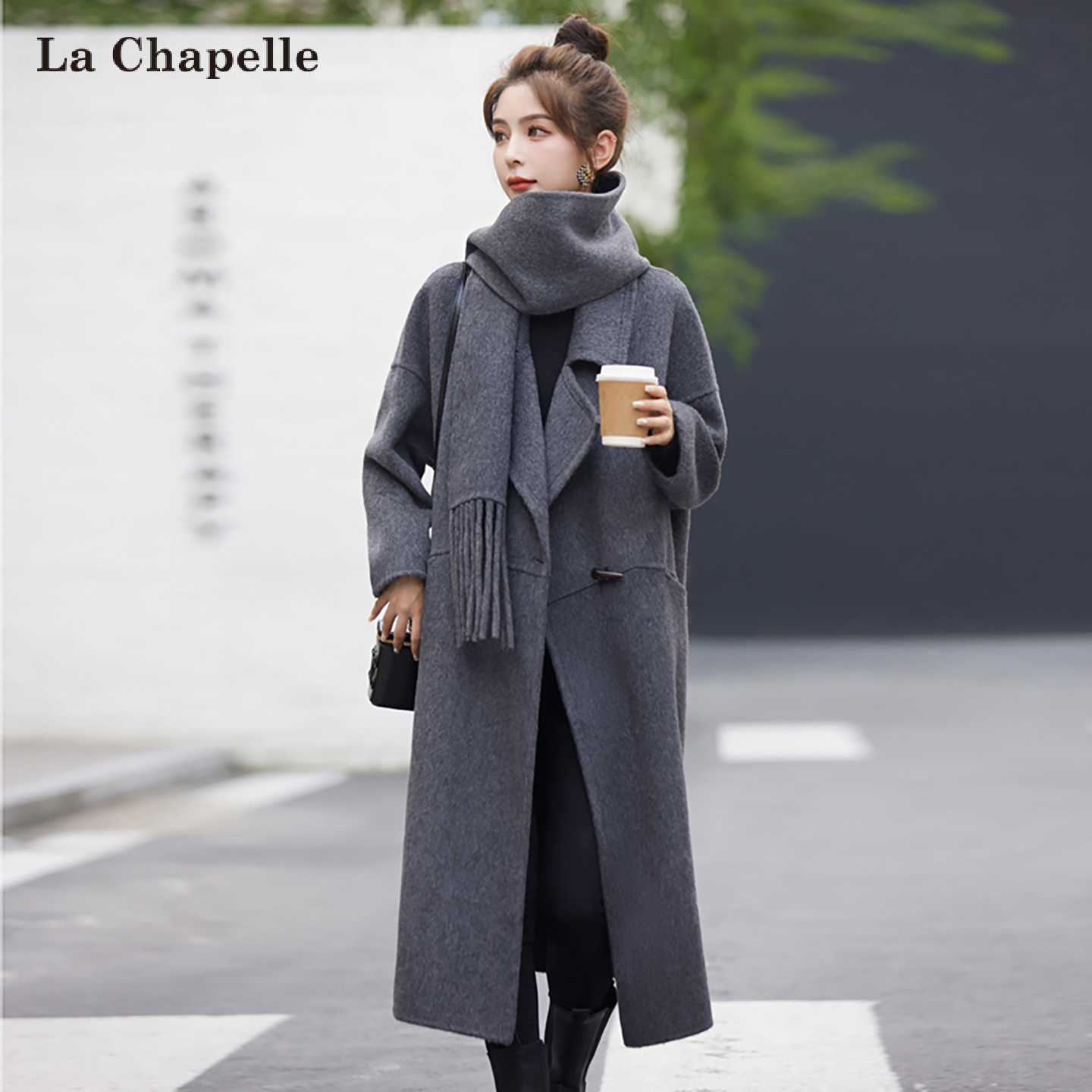 拉夏贝尔秋冬双面毛呢大衣绵羊毛外套送围巾长款加绒韩版落肩袖