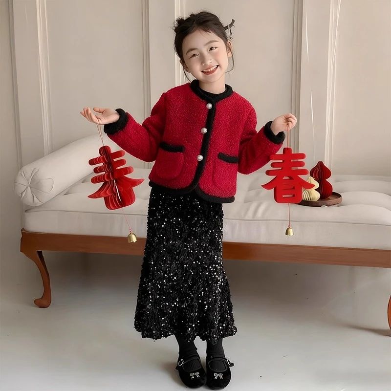 女童过年衣服洋气套装2026新款中大童红色本命年衣服秋冬新年战袍