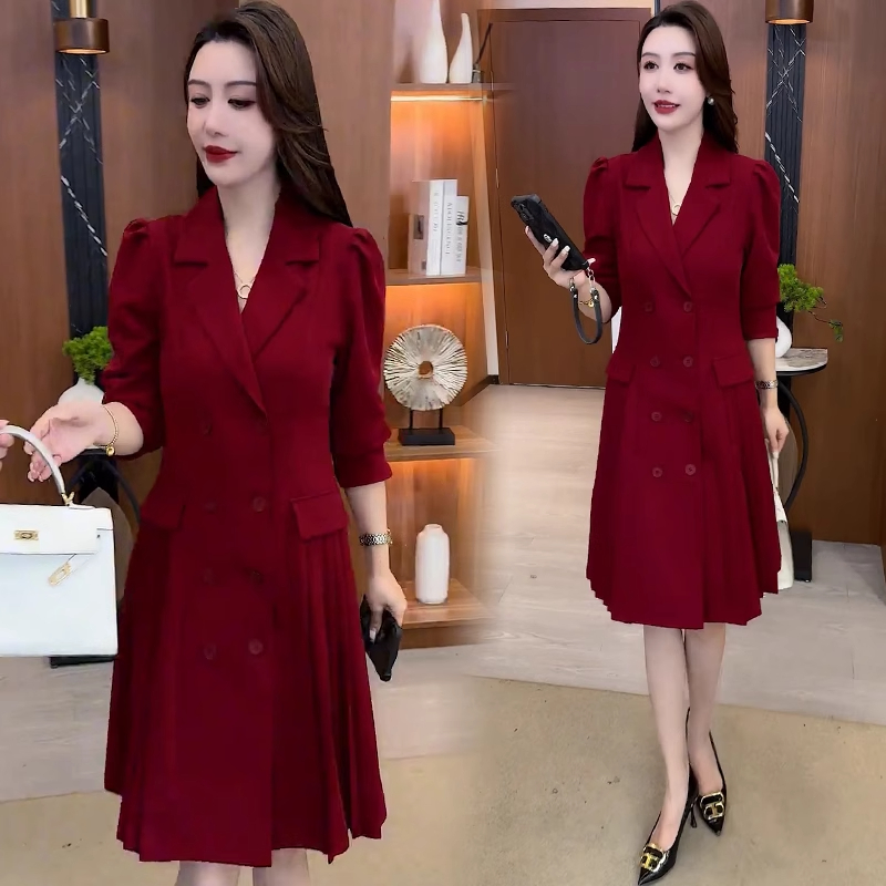 时尚连衣裙女2025秋季新款洋气质显瘦双排扣西装领中长款百褶裙子