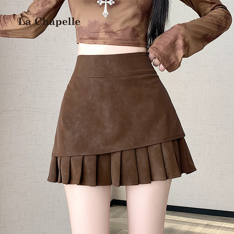 拉夏贝尔秋冬款韩版设计感做旧高腰百褶短裙百搭a字显瘦半身裙女