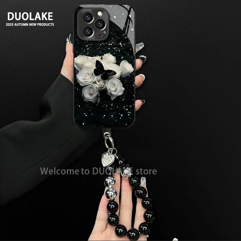 蝴蝶白玫瑰适用苹果vivo华为oppo小米iPhone17电镀玻璃防摔手机壳