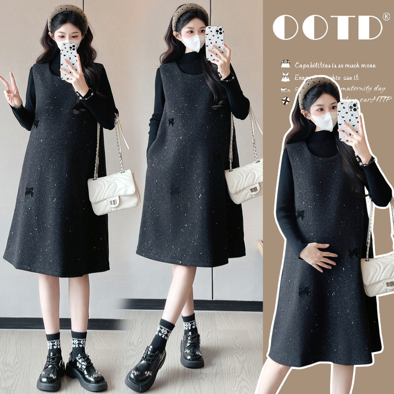 孕妇秋冬装2025新款舒适打底衫黑灰色闪晶晶贵气小香风韩版连衣裙