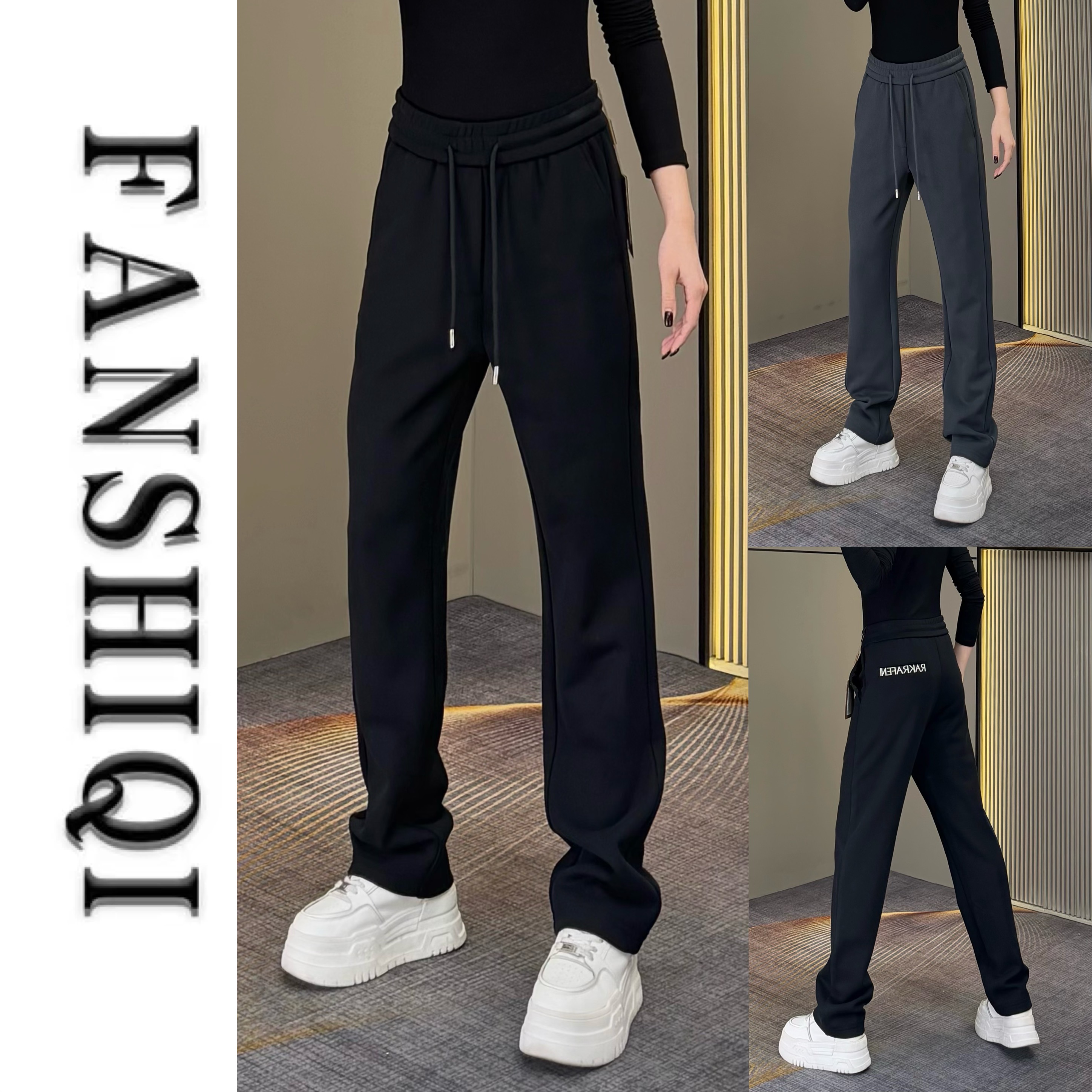 【凡仕奇】雅赛尔加厚直筒休闲裤裤子针织刺绣垂感弹力加绒卫裤6738