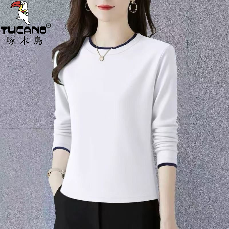 啄木鸟纯棉秋冬内搭长袖t恤女士打底衫中年新款韩版洋气正肩上衣