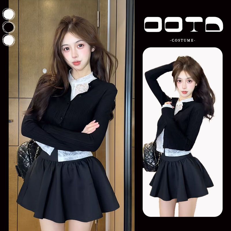 【现货】入秋整套2025新款韩版蕾丝打底衫短款针织毛衣短裙三件套装