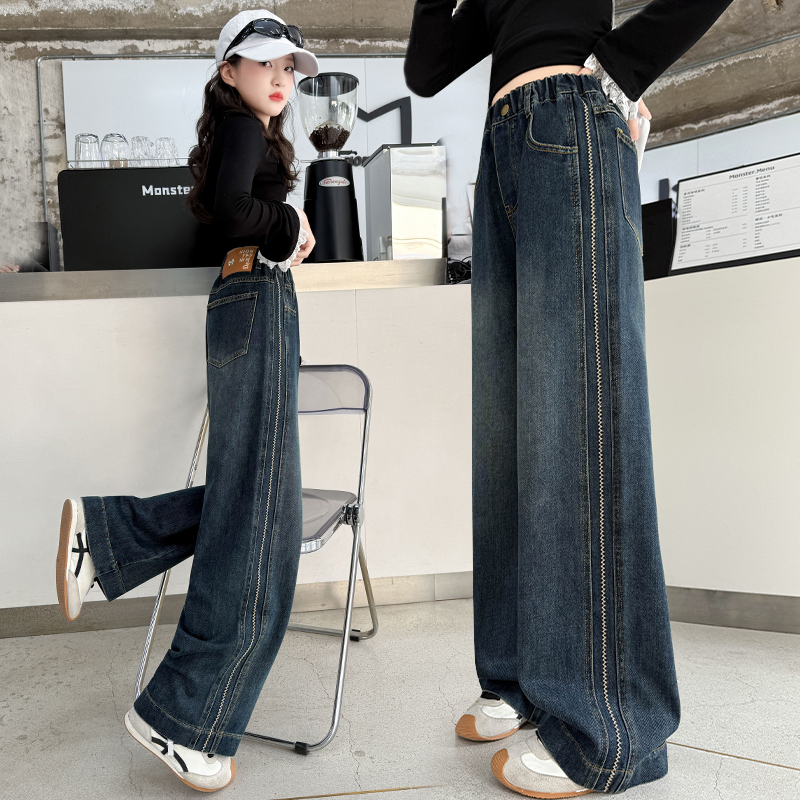 女童裤子春秋女孩韩版高腰直筒裤儿童休闲长裤初中生秋季牛仔裤潮