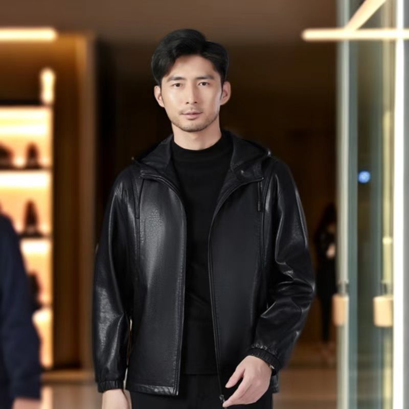 （绵羊皮）春秋冬时尚男士皮夹克连帽休闲高档真皮