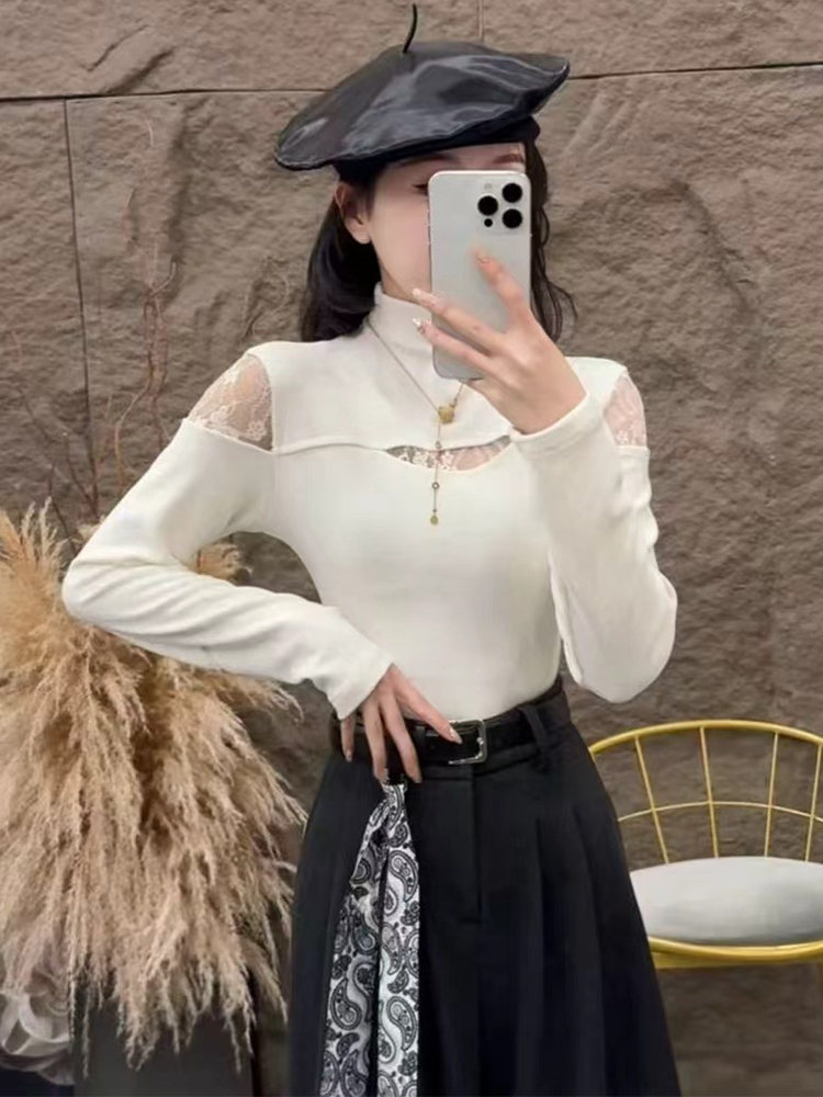 德绒氛围感减龄趣味镂空蕾丝半高领长袖上衣百搭立春2025咖色小衫