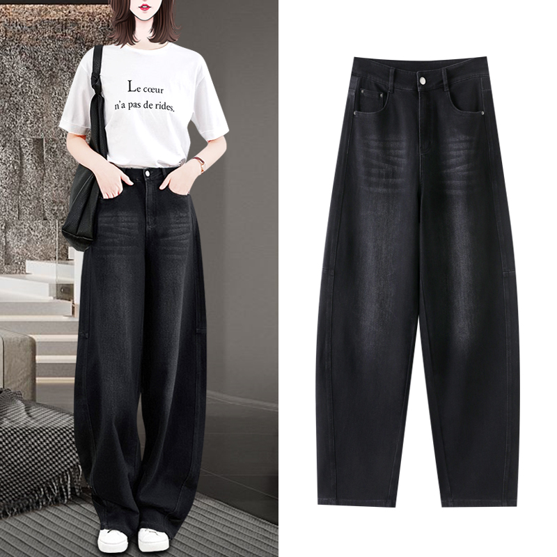 高级感黑色阔腿香蕉牛仔裤女春秋新款复古水洗棉高腰宽松弯刀裤子