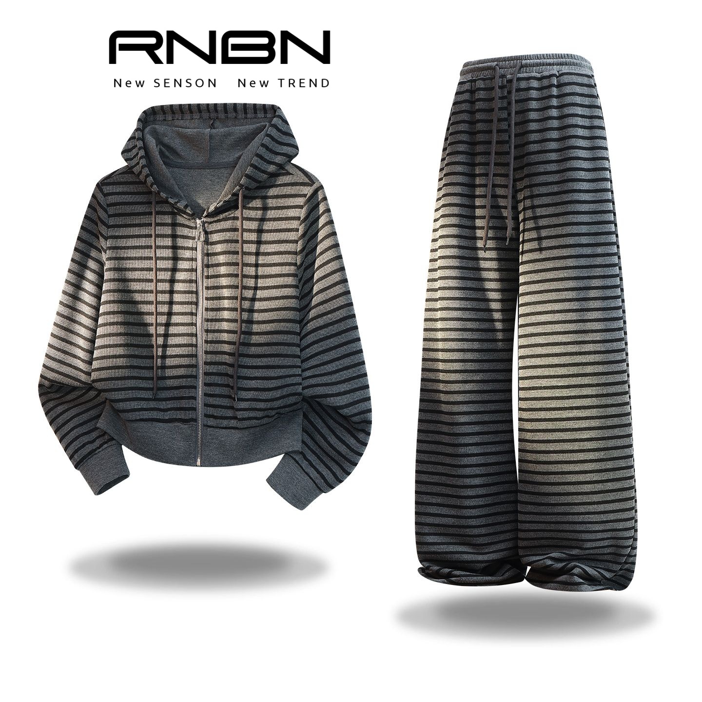RNBN新款气质日常通勤宽松慵懒风时尚条纹卫衣套装
