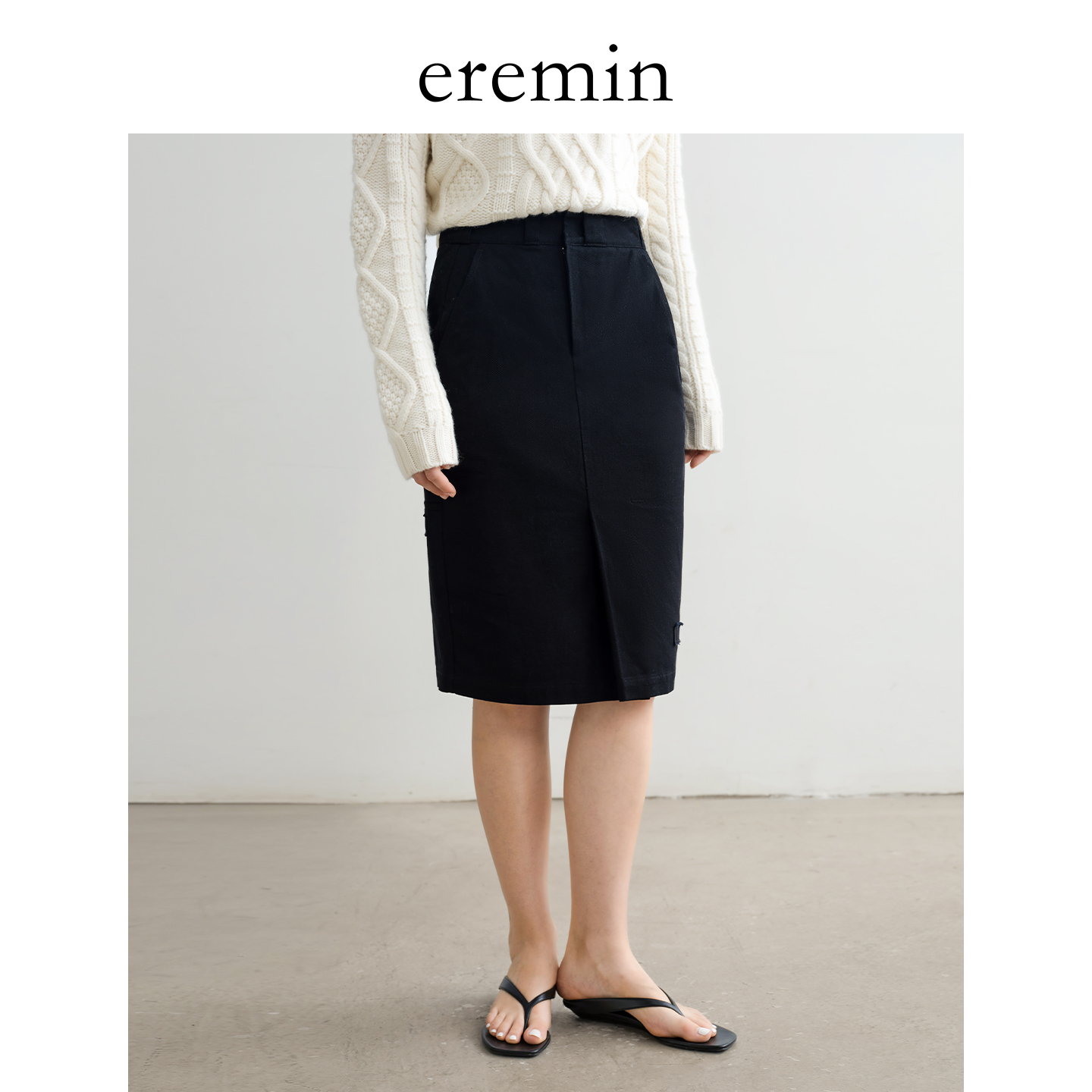 DE Mincollection铅笔裙/休闲通勤小黑裙全棉显瘦五分半身裙55626