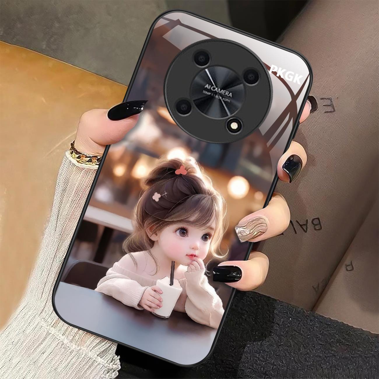 适用【华为畅享50 Pro】喝茶女孩液态玻璃手机壳 防摔刮 网红时尚