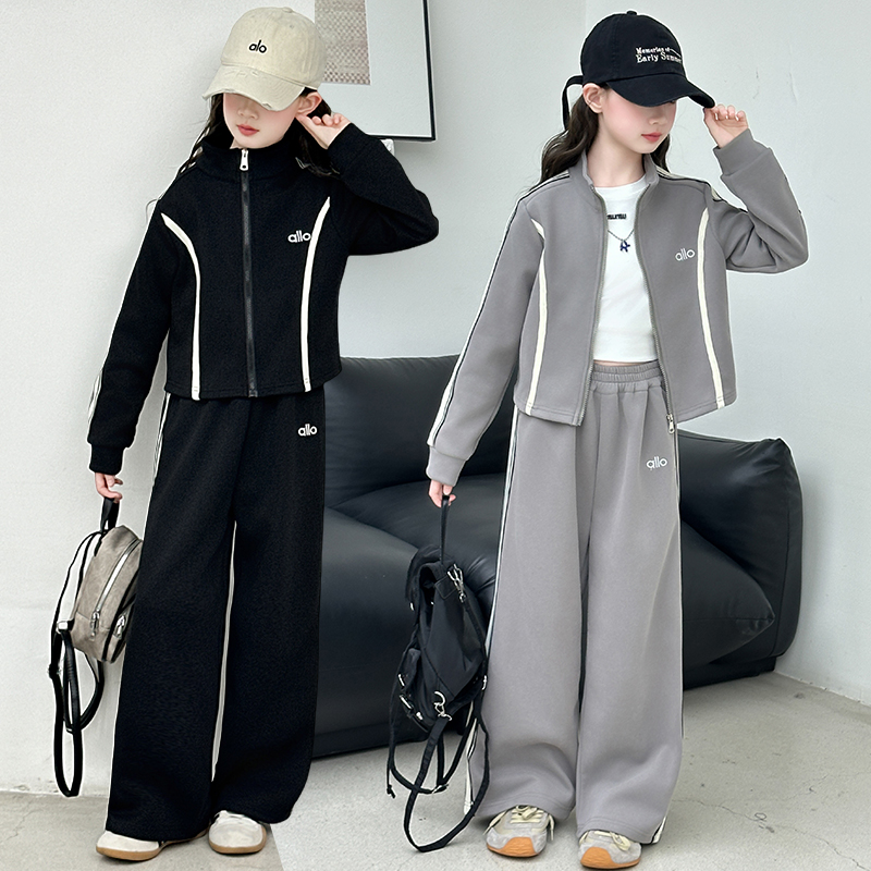 女童秋季2025新款字母刺绣拉条6-12岁小女孩休闲时尚运动两件套潮