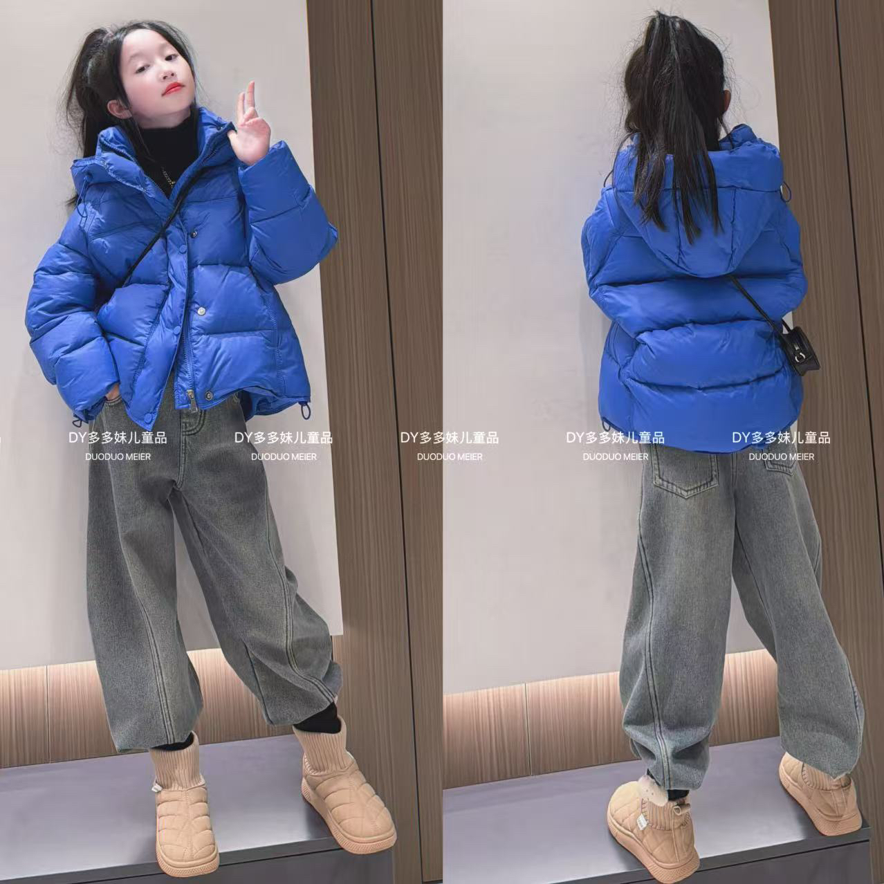 （现货）女童冬季羽绒服外套童装新款加绒牛仔裤