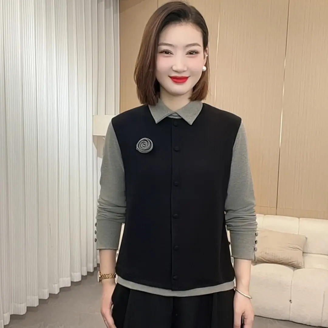 2025年冬季新款百搭假两件洋气双面绒翻领女士上衣打底小衫V5568