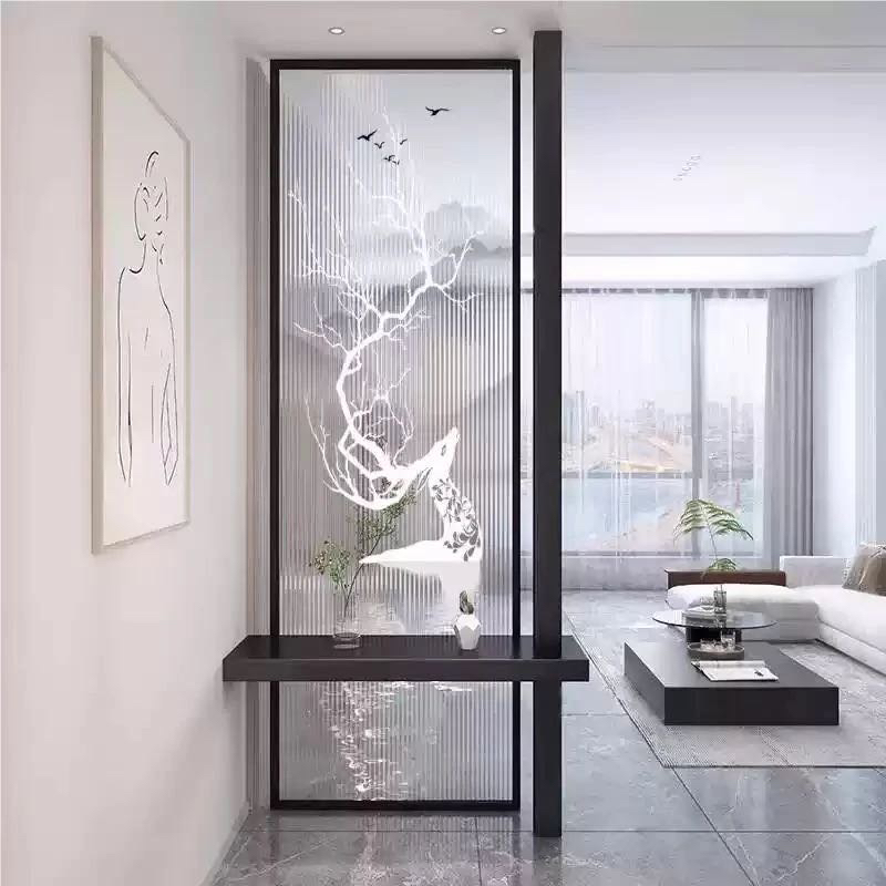 现代轻奢玻璃屏风铁艺水波纹屏风隔断客厅入户玄关卫生间遮挡定制
