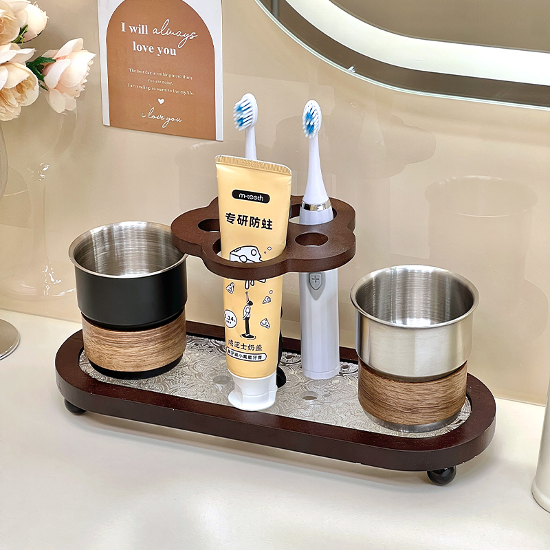 致范复古牙刷置物架不锈钢漱口杯情侣刷牙杯家用电动牙刷架收纳架