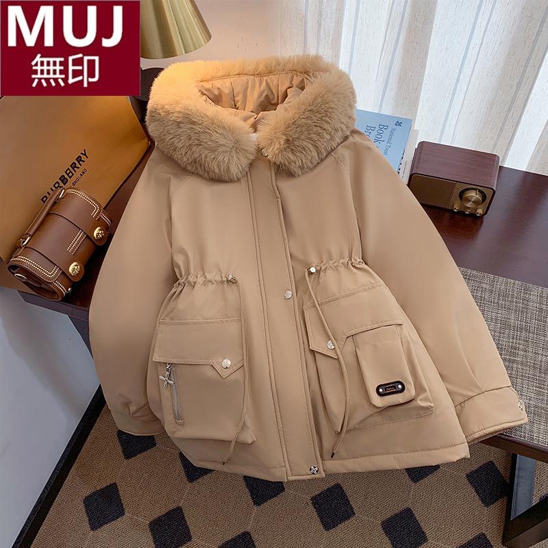 日本无印大码短款服女2025冬季新款韩版连帽棉服加厚加绒保暖外套