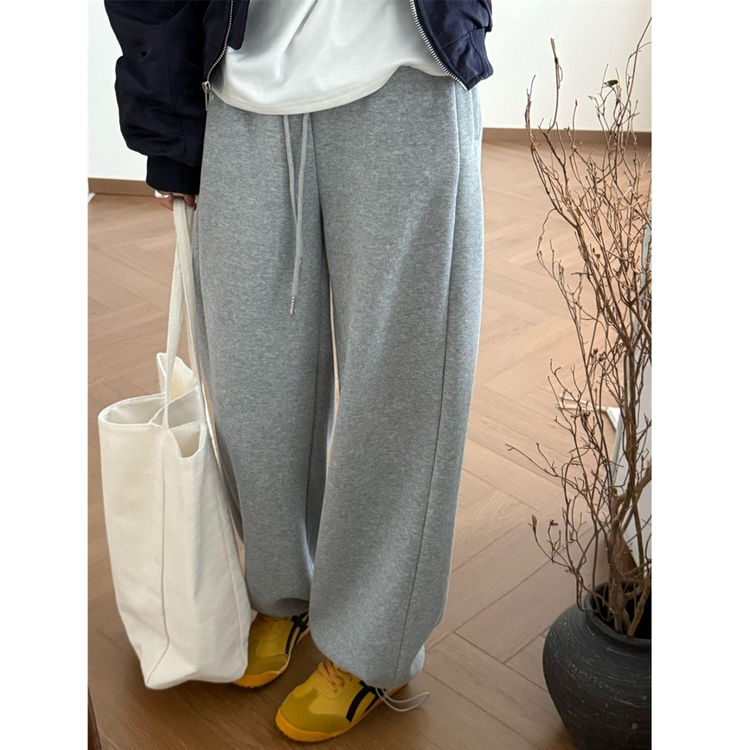 大码冬季浅灰色抽绳高腰垂感加绒阔腿裤女梨型宽松显瘦束脚休闲裤