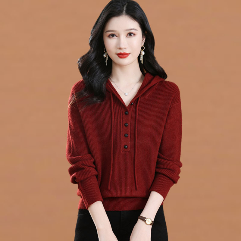 洋气连帽毛衣女春秋2025新款宽松时尚休闲带帽卫衣针织打底衫上衣
