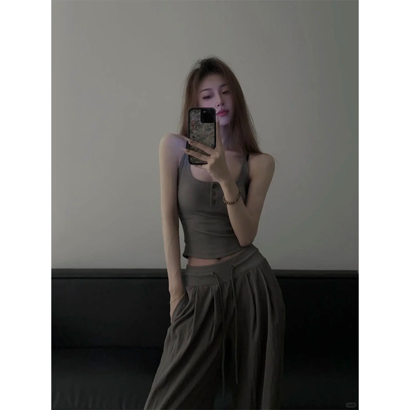 2025夏季辣妹风休闲百搭小众洋气U领吊带背心高腰直筒宽松阔腿裤