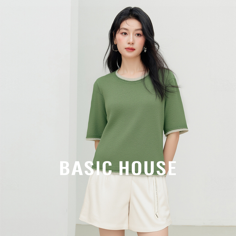 Basic House/百家好拼接撞色短袖针织衫夏季透气短款圆领套头上衣