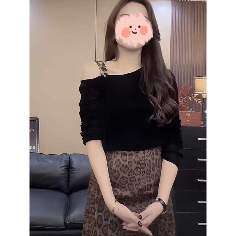 法式斜肩豹纹露肩丝绒长袖t恤女装2025秋冬新款气质打底宽松上衣