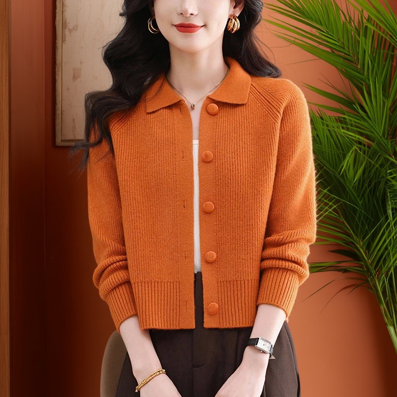 100%纯羊毛羊毛衫小个子翻领针织开衫女秋冬新款毛衣外套显瘦上衣